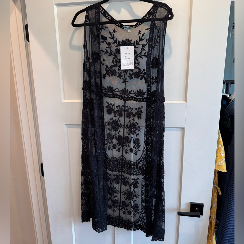 NWOT Rebellion Black Duster Vest with an Intricate Lace Design